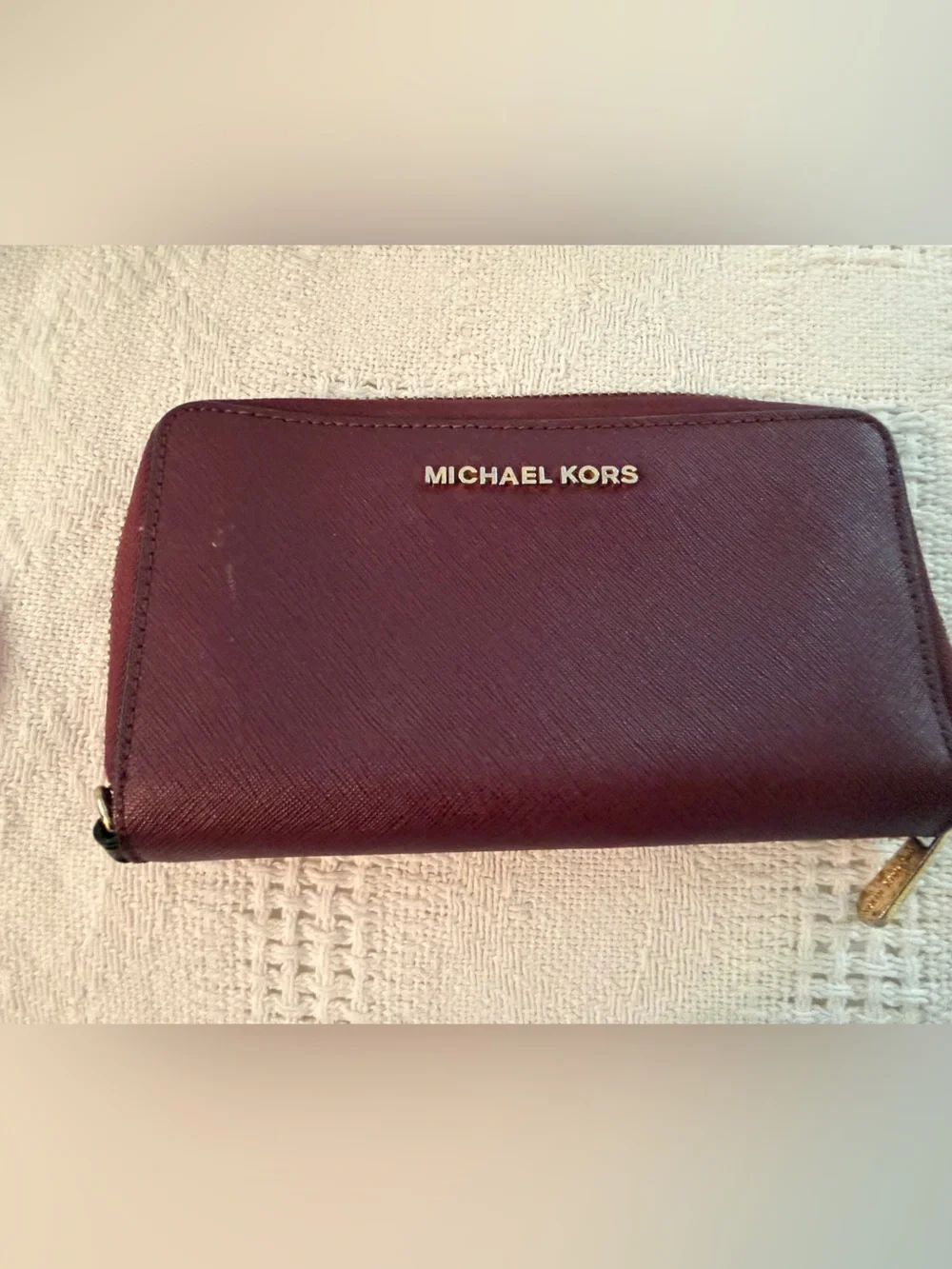 Michael Kors Wine Saffiano Leather Wallet with Gold Logo